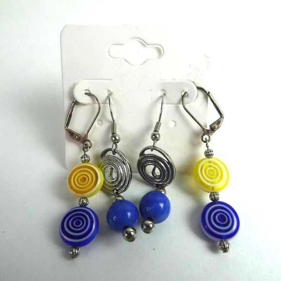 Silver Tone Dangle Pierced Earrings Set 2 Pair Blue Yellow Spiral Beaded Coil - Picture 1 of 7